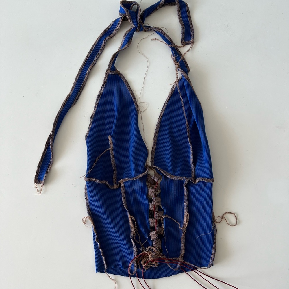 Blue Stretch Lace Front Halter Top